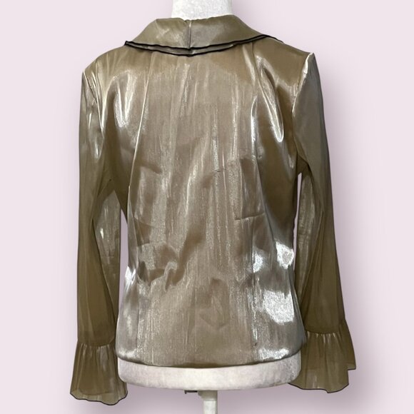 Escape by Joanna Chen Sz 8 Metallic Sheer Button Blouse Ruched Waist Flare Cuff - Picture 2 of 8
